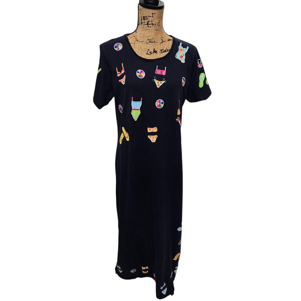 Michael Simon Lite Black Cotton Embroidered Maxi T-Shirt Dress Sz L Beach Theme